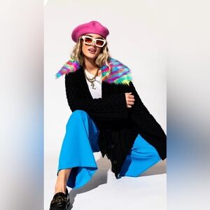 Dressed in LALA - Black Knit Cardigan with Colorful Faux Fur Collar